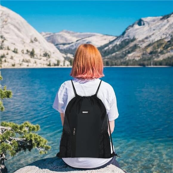 Drawstring Backpack Gym Sackpack with Mesh Pockets Water Resistant String Bag - Picture 6 of 7